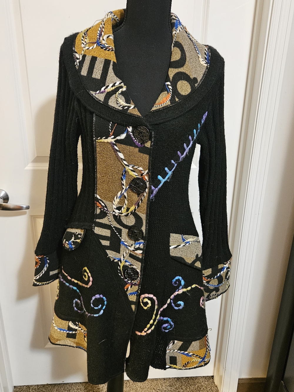 Sioni Black Knit Coat with Multicolor Embroidered Accents
